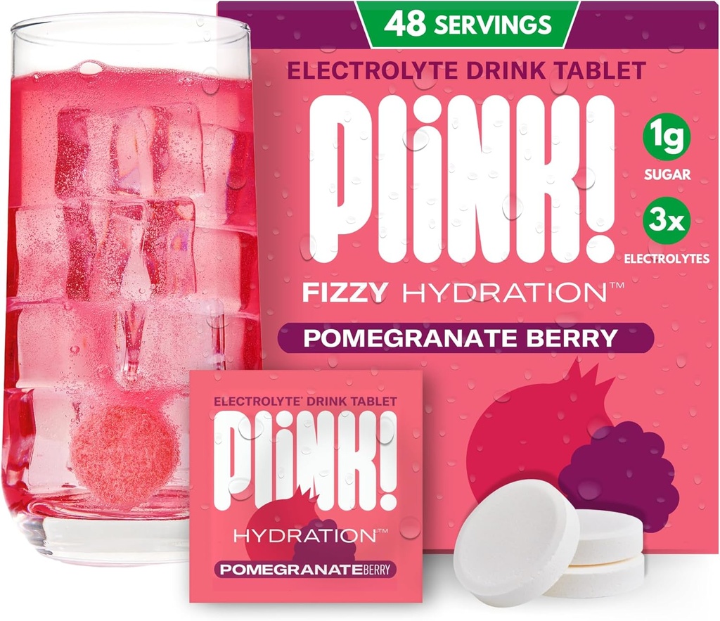 Plink! Fizzy Electrolyte Tablets dla dorosłych i dzieci - Pomegranat Berry, 48ct - Przyjazny dla rodzin Codzienne nawodnienie - Niski cukier, Wegan, Keto Friendly, Nie-GMO