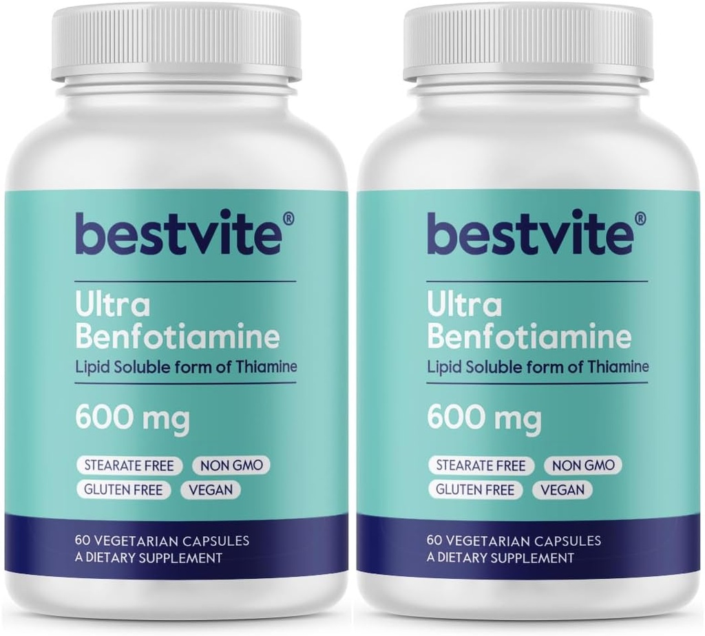 Ultra Benfotiamina 600mg na kapsułkę (120 kapsułki wegetariańskie) (60x2) Brak stearynianów - No Silicon Dixide - Vegan - Non GMO - Gluten Free - Maksymalna moc Benfotiamina