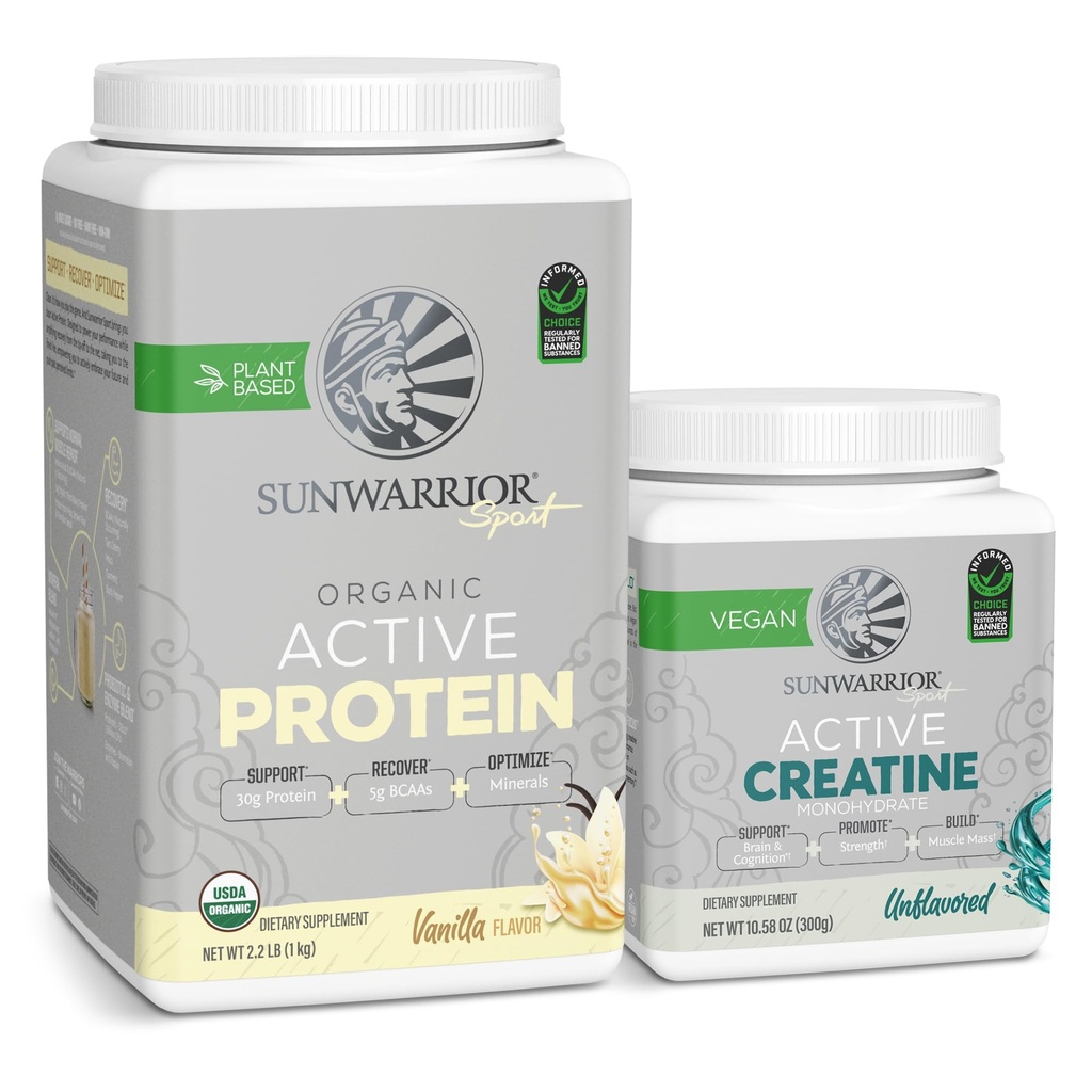 Sunwarrior Creatine Powder & Vanilla Active Organic Protein Powder Set: 124; Bundle & Save Death 124; Vegan Protein Plus Unflavored Creature Monhydrate (60 Servings Unflavored, 20 Servings Vanilla)