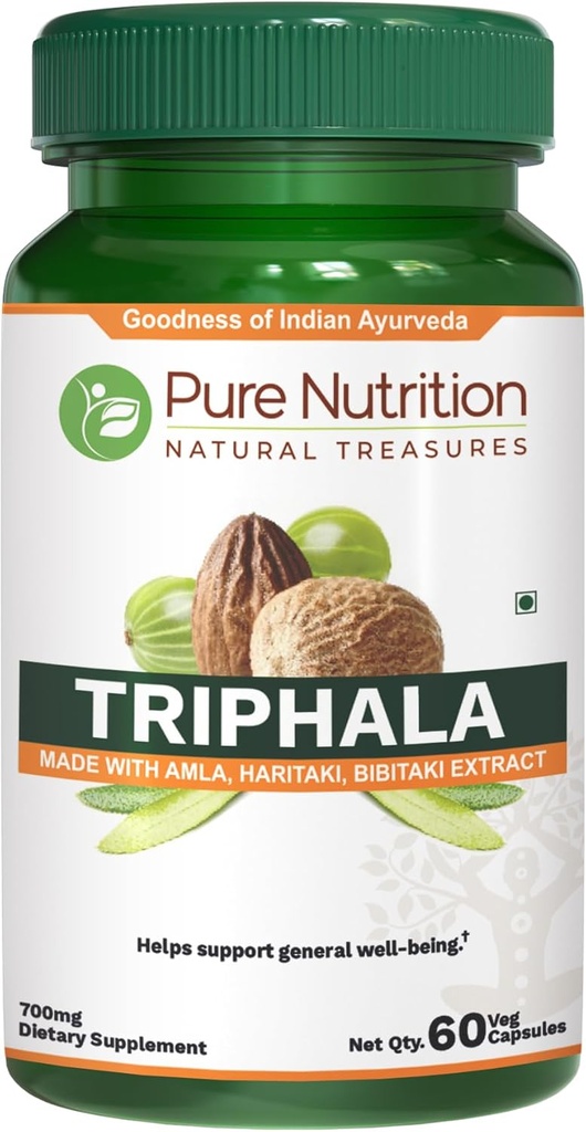 Pure Nutrition Triphala Extract 700mg - 60 Caps (Extract Equiv. to 1900mg Triphala Fruit Powder) Non GMO Yellow 124; Once Daily Yellow 124; 60 Days Supply.