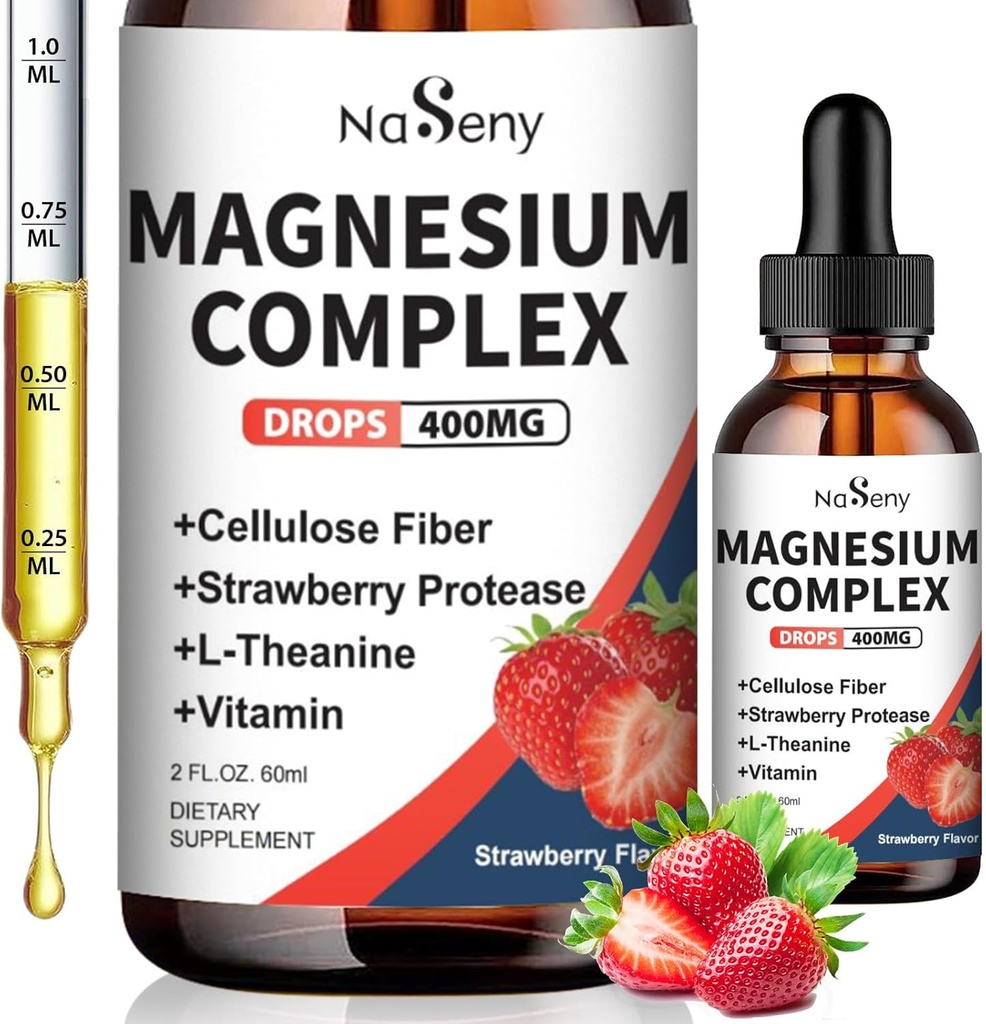Magnezu Glicynian Płyn 400mg, Wysoka Absorpcja Kompleks magnezu suplementy z witaminą B6, D, C do wspomagania snu, Mięśnie, Nerve Health, Non-GMO Gluten Free Vegan (2 Fl Oz / truskawka)