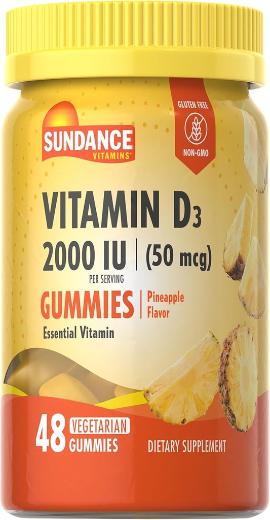 Sundance Witamina D3 Gummeje Yellow 124; 2000 IU Yellow 124; 48 Hrabia Yellow 124; Ananas Flavor Yellow 124; Wegetarian, Non-GMO i Gluten Free Supplement