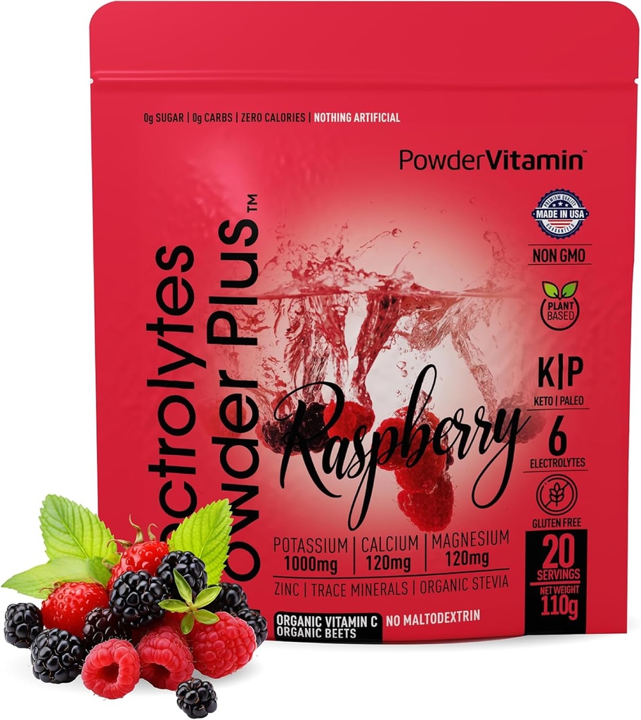 PowderWitamina Electrolytes Proszek Plus (20 Servings) Malina Electrolyte Proszek Zero Calorie Keto, 0 Cukier, Nie Maltodekstryna, 1000mg potasu, 120mg wapnia, 120mg magnezu, Pink Himalayan Sól