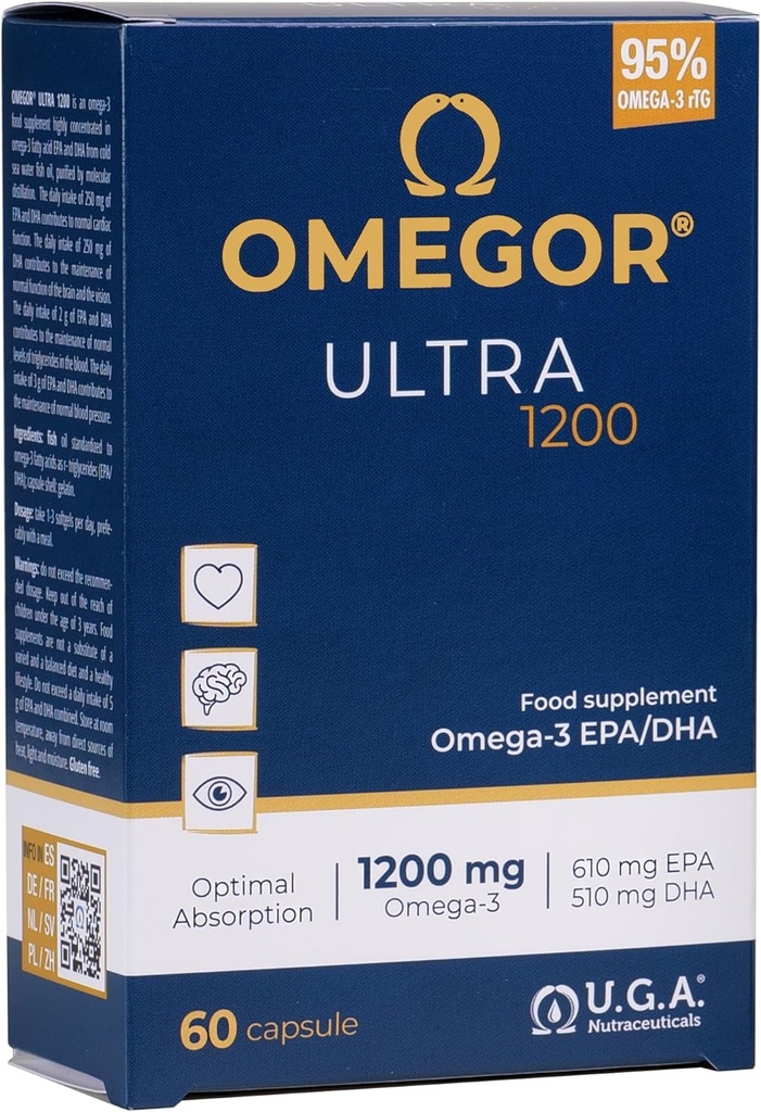 OMEGOR Omega 3 Fish Oil 1200mg Ultra - 610mg EPA i 510 DHA Omega3 IFOS Certified - Wysoka dostępność biologiczna i brak posmaku (60 kapeluszy)