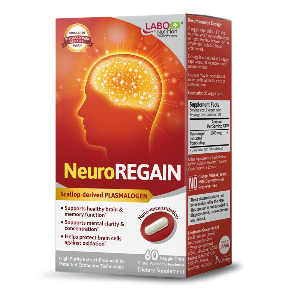 LABO Nutrition NeuroREGAIN - Skallopowany PLASMALOGEN do dezorientacji mózgu, pamięci, alertywności, uczenia się, koncentracji i innych funkcji poznawczych - Nadaje się dla seniorów, dorosłych mężczyzn i kobiet