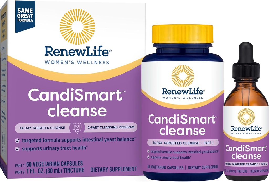 Renew Life Adult Cleanse - CandiSmart - 15- Day Yeast Cleansing Program - 2- Part Kit - Gluten & Dairy Free - 60 Kapsułki wegetariańskie + 1 Fl. Oz. nalewka