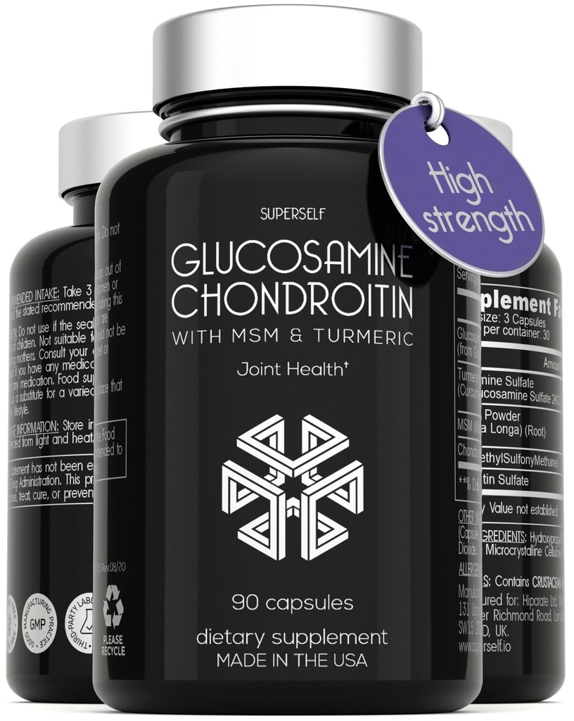 Glukozamina Chondroitin MSM z kurkumą - suplement o dużej mocy do wspólnego wsparcia dla dorosłych mężczyzn i kobiet - 90 kapsułek - 1500mg glukozaminy siarczan na serw