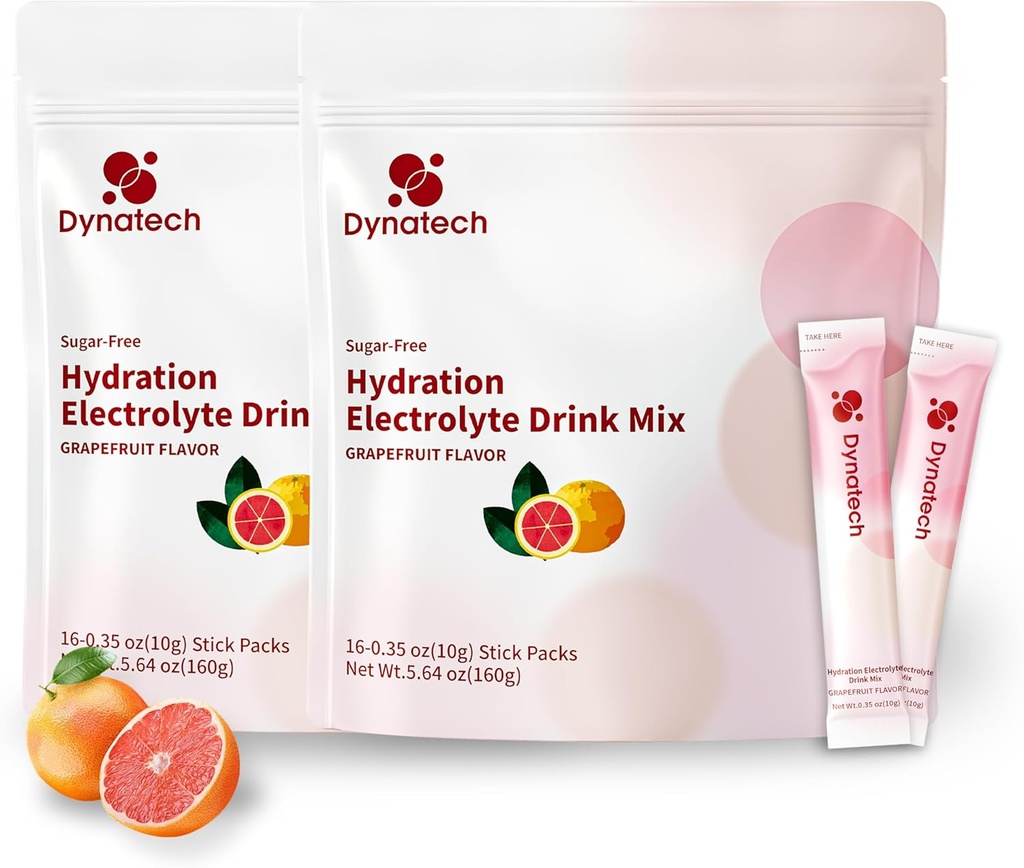 Dynatech Zero Sugar Electrolyte Drink Mix - Grejpfrut - Pakiety proszku nawadniającego z 10 Electrolytes & Vitamins Between 124; Non- GMO, Gluten Free, Wegan Electrolytes Powder Packets Between 124; 32 Usługi