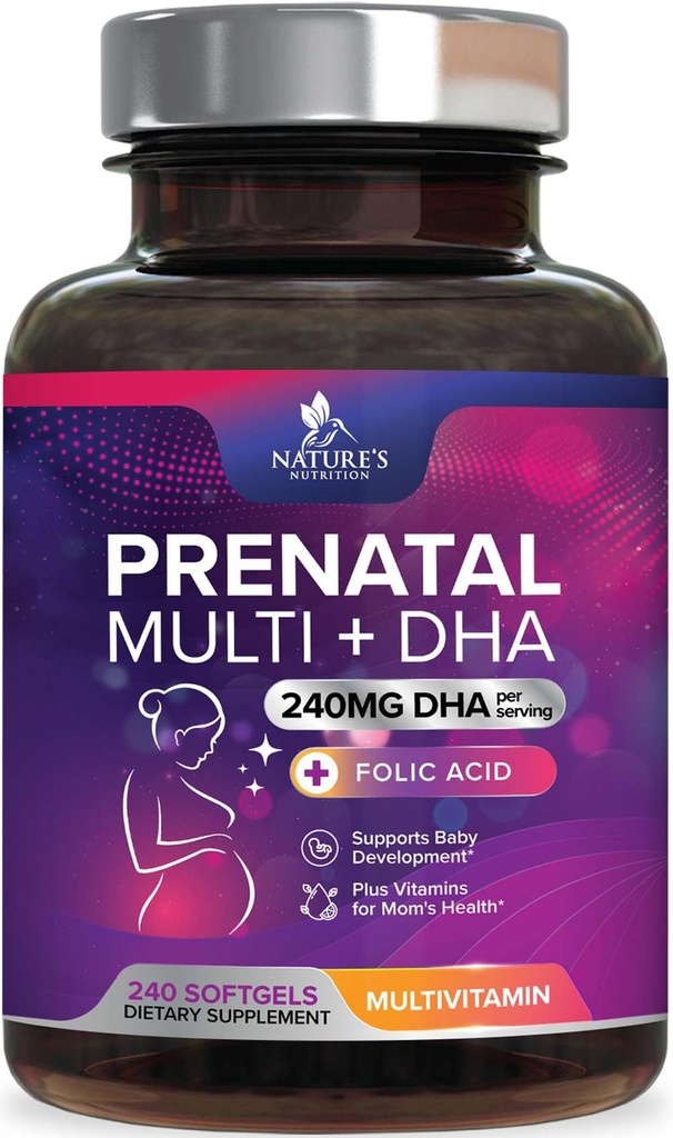 Witaminy prenatalne z kwasem foliowym & DHA, Wsparcie rozwoju mózgu płodu z folianem & Omega 3, Multiwitamina prenatalna dla kobiet, Witamina A, C, D, B6, B12 & Żelazo, Suplement do Ciąża - 240 Softgels