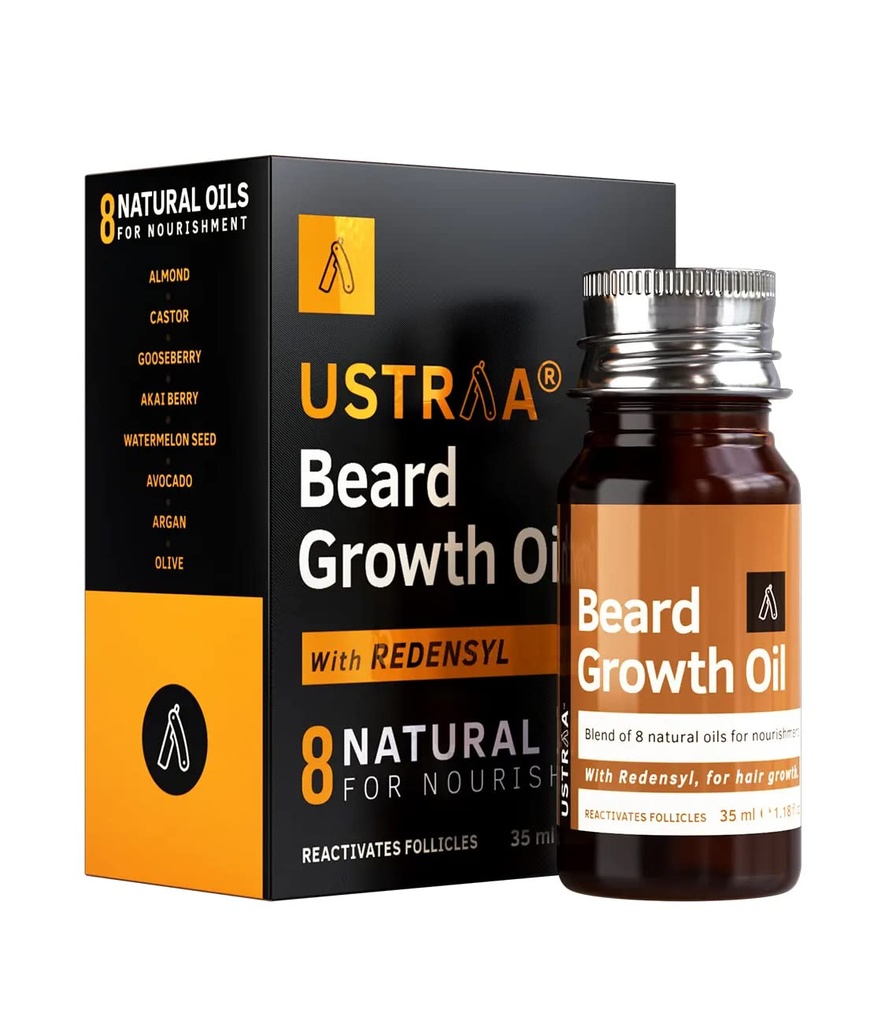 USTRAA Beard Growth Oil - 1.18 Oz - More Beard Growth, With Redensyl, 8 Natural Oils including Jojoba Oil, Witamina E, Nourishment & Wzmocnienie, Brak szkodliwych chemikaliów