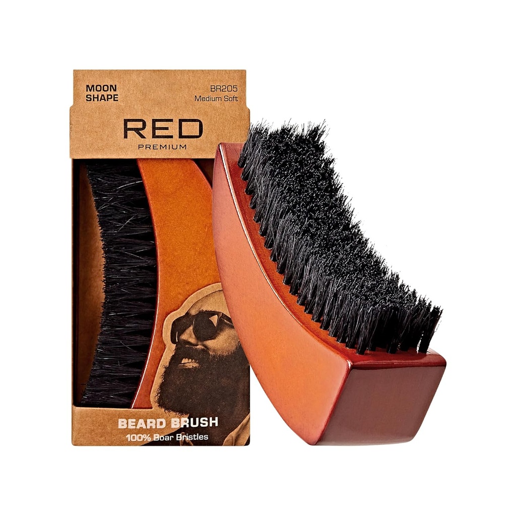 RED by Kiss Beard Brush with 100% Natural Boar Bristles for Men, Premium Drewniany Brush, Brody Mustaches Grooming Gooming Comb, Tame and Soften Facial Hair (MOON SHAPE)