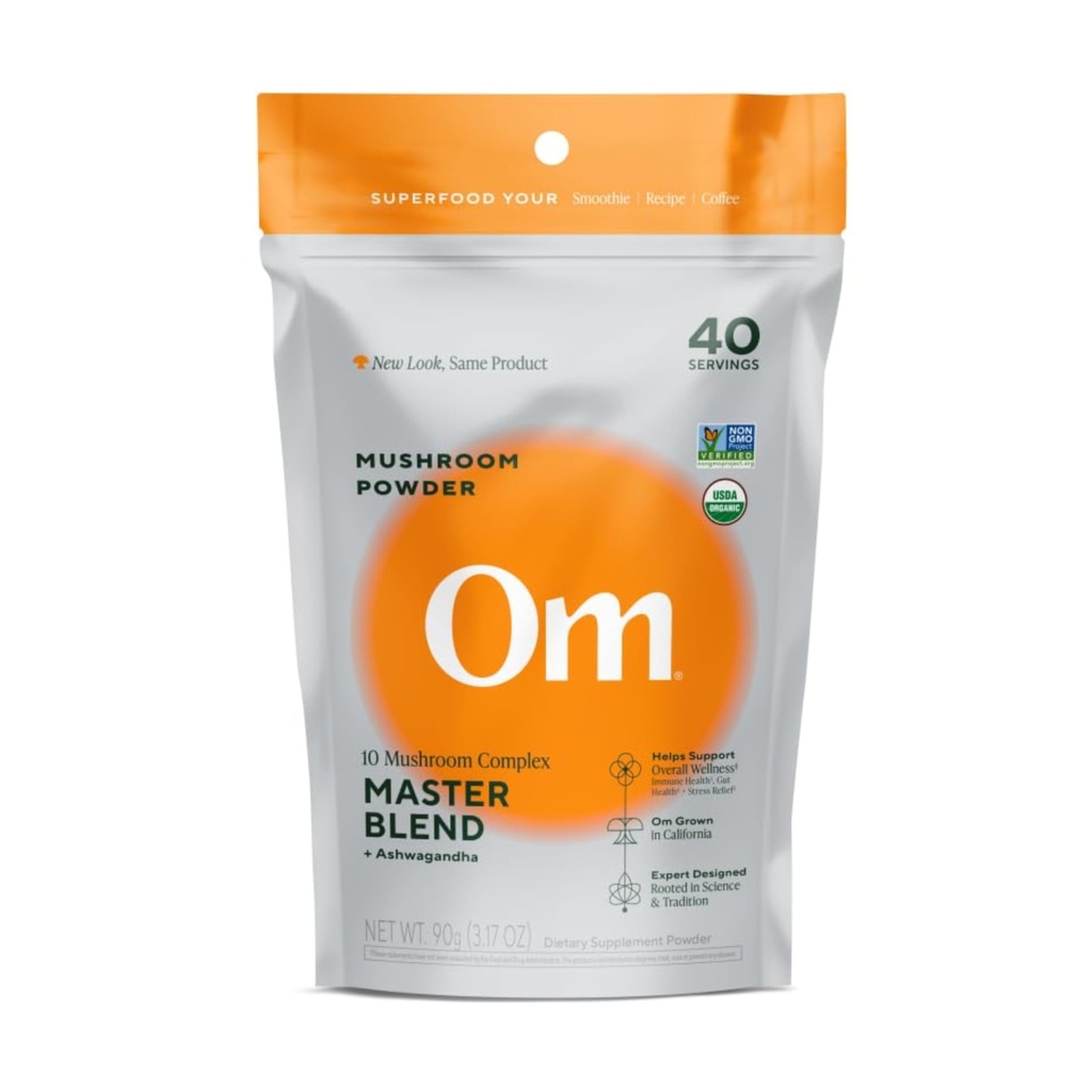 OM Master Mieszanka Grzyb Proszek - Organic Mushroom Suplement z 10 Grzyby i Ashwagandha - Wsparcie odporności, Gut Health & Stress Relief, 3.17 oz (40 Służenie)