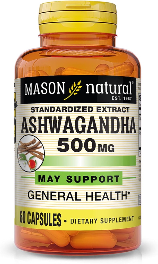 Mason Natural Ashwagandha 500 mg, Adaptogen for Stress & Energy Support, Suplement ziołowy, 60 Day Supply