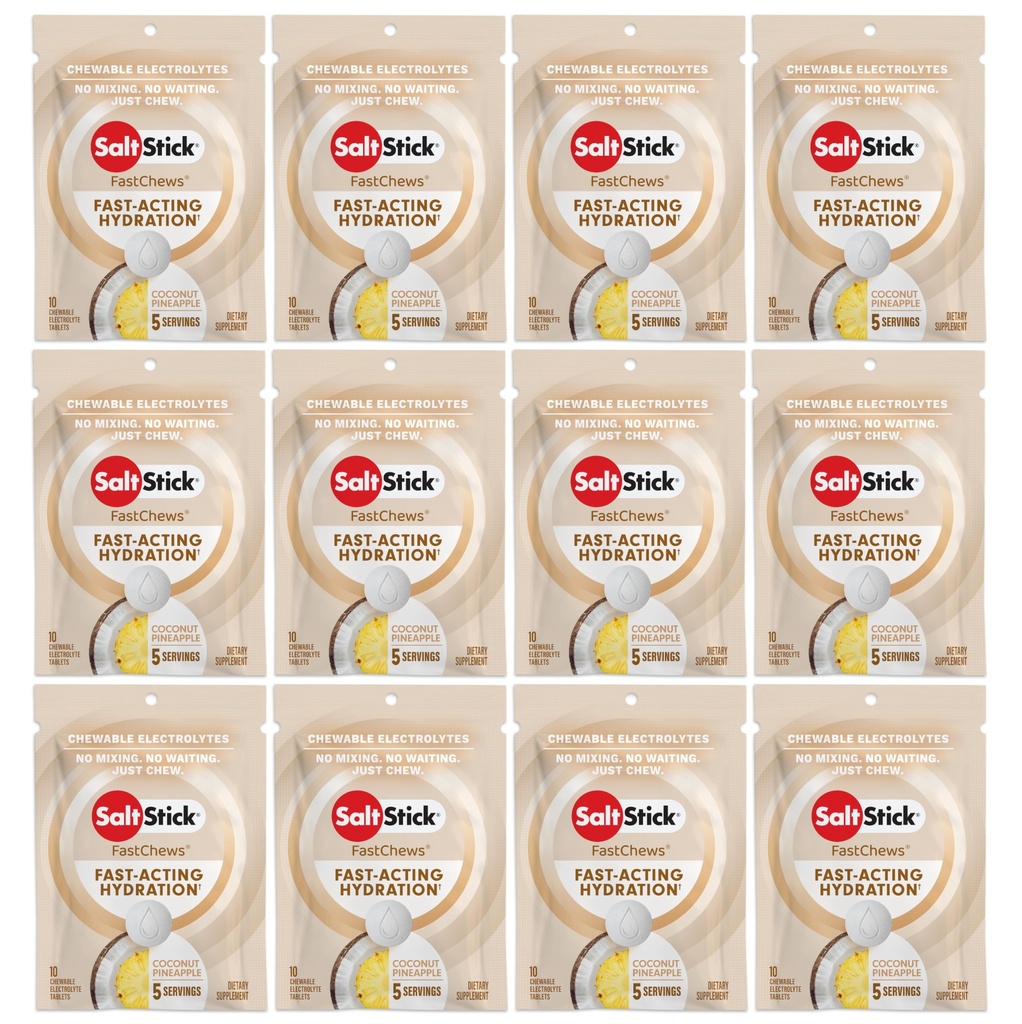 SaltStick Electrolyte FastChews - 120 Count Coconut Ananas Flavor - Electrolyte Tablets for Hydration, Salt Tabs - 10 Count (Opakowanie po 12)