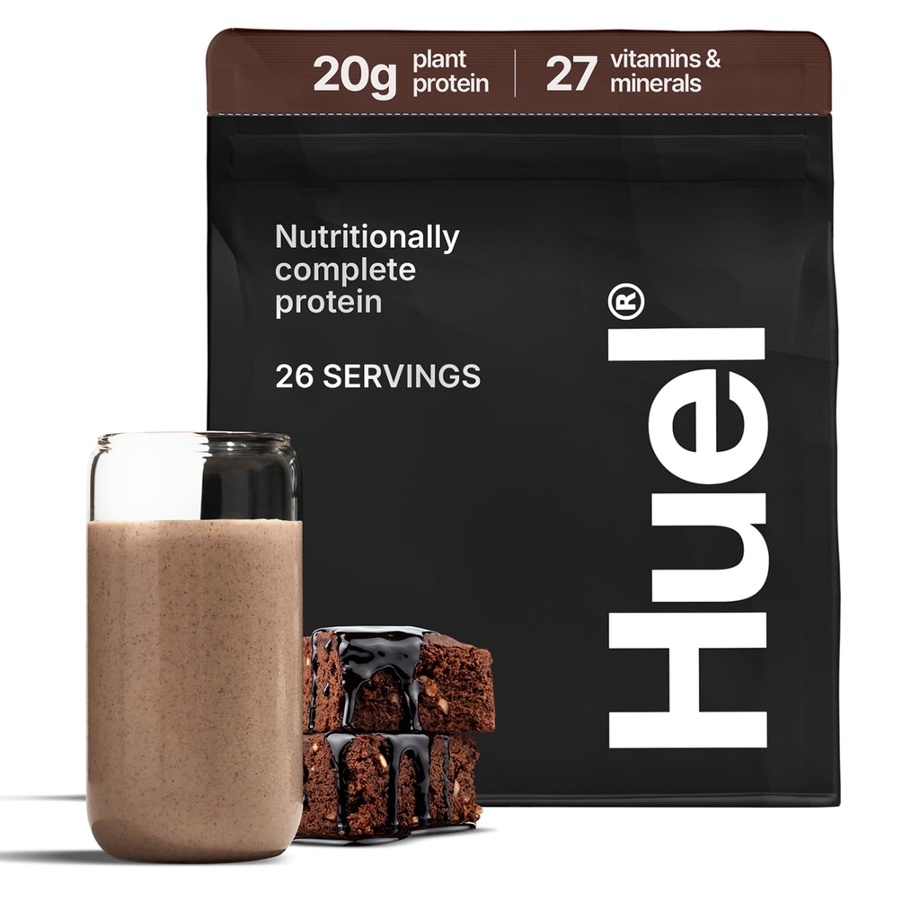 Proszek Huel Vegan Protein 124; Czekoladowy Fudge Brownie 124; Całkowita odżywka 124; 20g Proszek proteinowy 124; 100% Plant-Based 124; 27 Witaminy i minerały, Gluten Free, Non-GMO, Laktoza Free 124; 26 Służenie