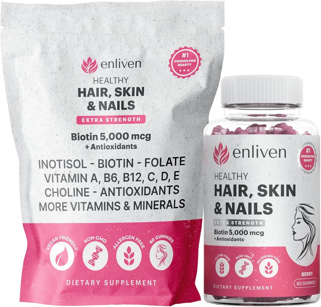 enliven Biotin Gummies for Hair Growth & Strong Nails | 5000mcg Biotin + Inositol, Collagen Support | Skin Care Vitamins for Women & Men | Berry Flavor | Vegan Hair Skin Nail Supplement | 60 Gummies