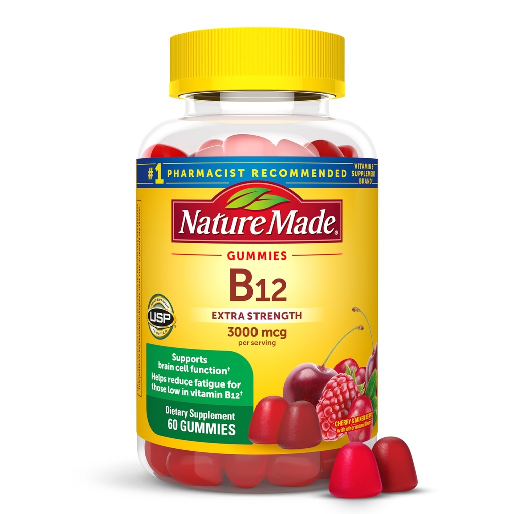 Nature Made Extra Siła Witamina B12 Gummies, 3000 µg na porcję, B12 Suplement witaminy do wsparcia metabolizmu energii, 60 Gumy witaminy, 30 Day Supply