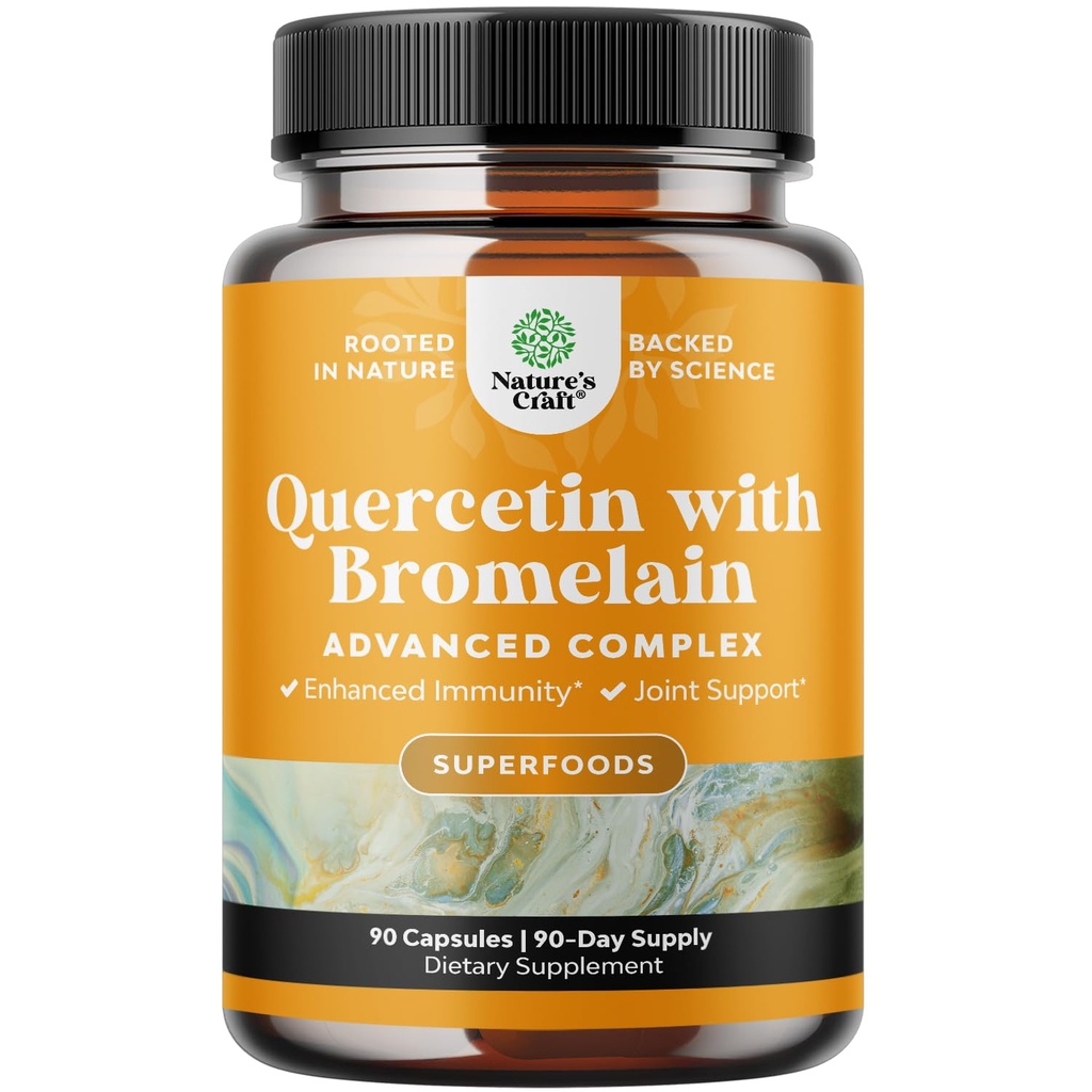 Pure Quercetin with Bromelain Supplement for Immune Aid - High Potent Quercetin 500mg Kapsułki z Bromelain for Immotive Supplement & Breathing - Nutritional Research Supplement - 90 Ct