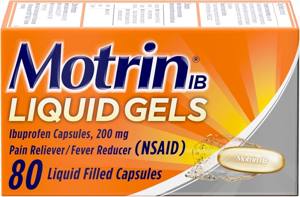 Motrin IB Ibuprofen 200 mg żele płynne, Ibuprofen Reliever Pain & Fever Reducer dla dorosłych, Relief from Drobne zapalenie stawów, achy mięśniowe, ból głowy, skurcze menstruacyjne i