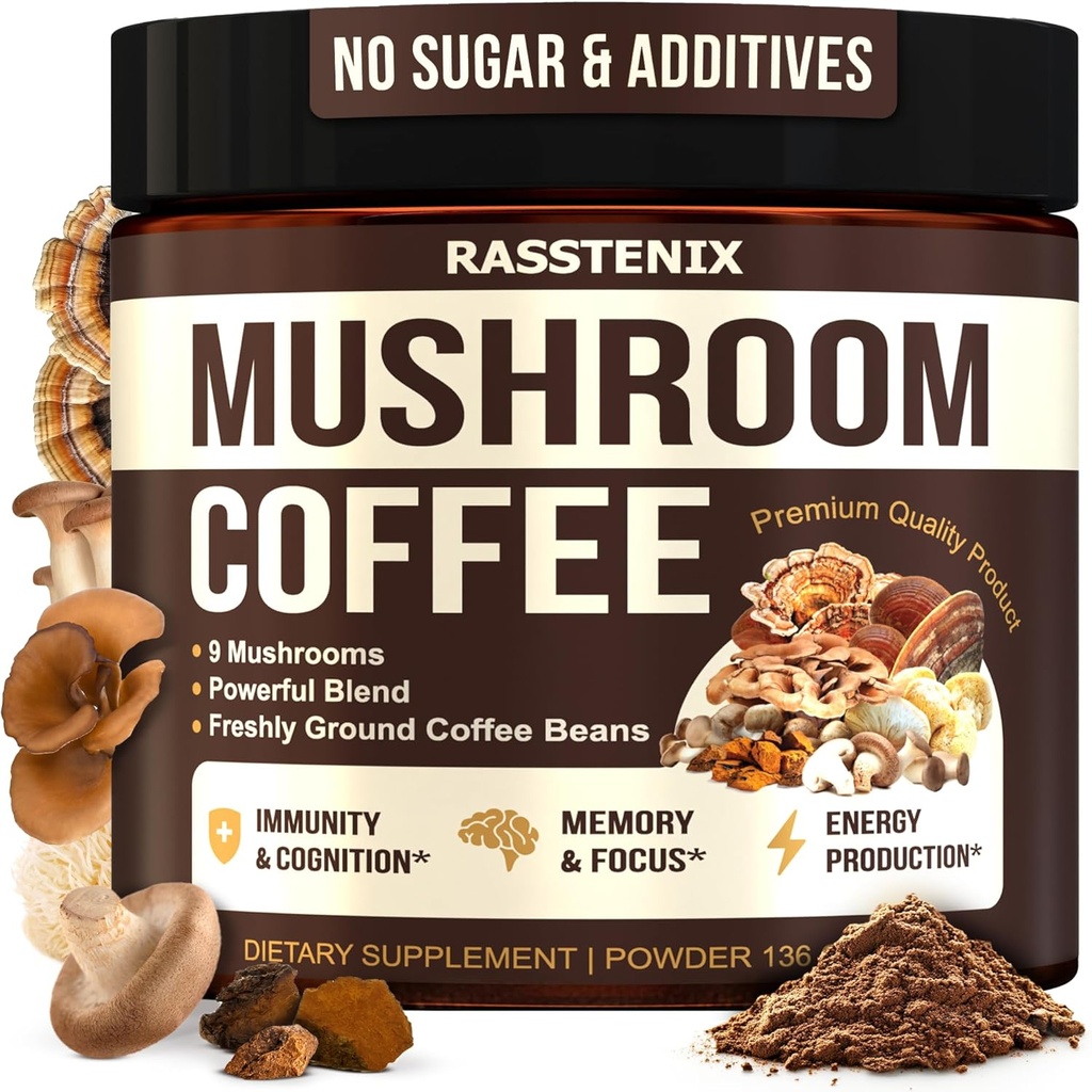 Mushroom Coffee Organic - 9 Mushroom Adaptogen Mix - Lew 's Mane, Chaga, Turcja Ogon, Reishi, Shiitake - Natychmiastowe Mushroom Coffee for Gut Health, Energia, Mental Clarity - 60 Sługi