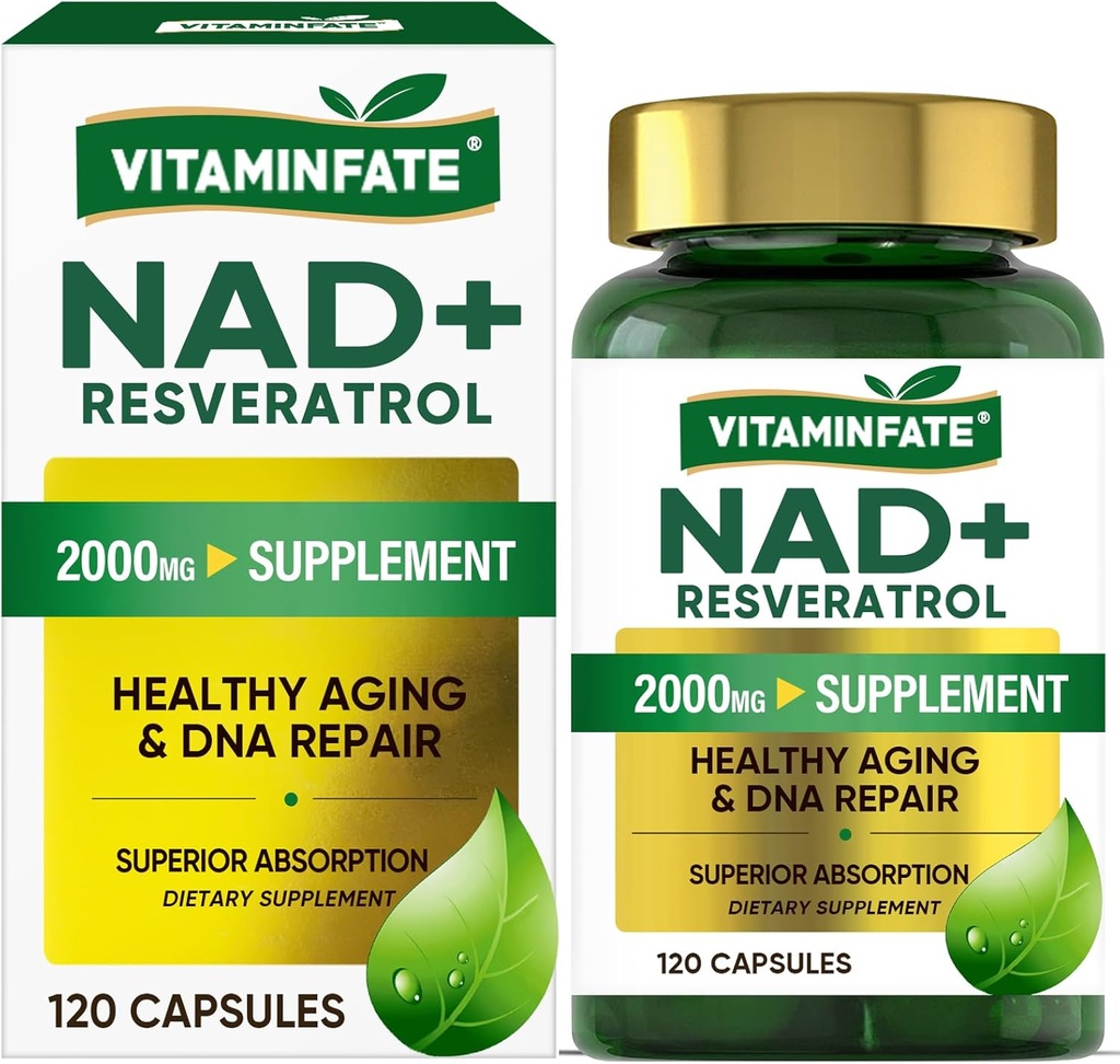NAD + Supplement 2000 mg - 120 Kapsułek True NAD + & Resveratrol, NMN Alternatywne wspiera antystarzenie, Energia komórkowa i Naprawa, Metabolizm i Boost mózgu dla mężczyzn i kobiet