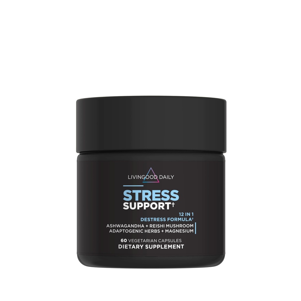 Livingood Daily Stress Support, 12- in-1 Suplement z Ashwagandha, Reishi Mushroom, Witamina B6, Zioła Adaptogeniczne & Magnezu, Wspiera nastrój & spokój, Gluten Free, Wegan, 60 Kapsułki wegetariańskie