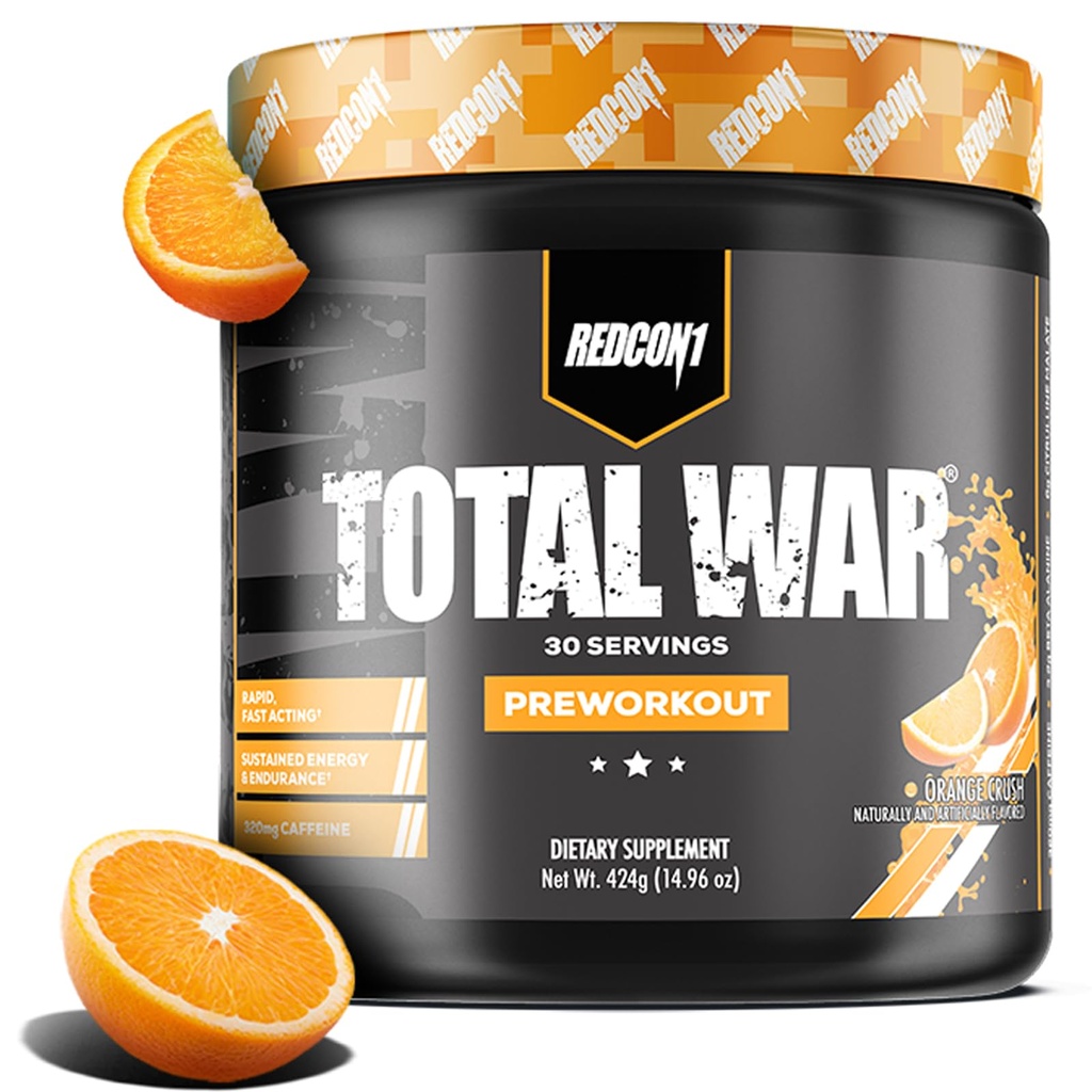 REDCON1 Total War pre Workout, Orange Crush - Zawiera 320mg kofeiny z zielonej herbaty, Juniper & Beta Alanine - Pre Work Out z Amino Acids do zwiększenia pompy, Energia + Endurance (30 Służenie)
