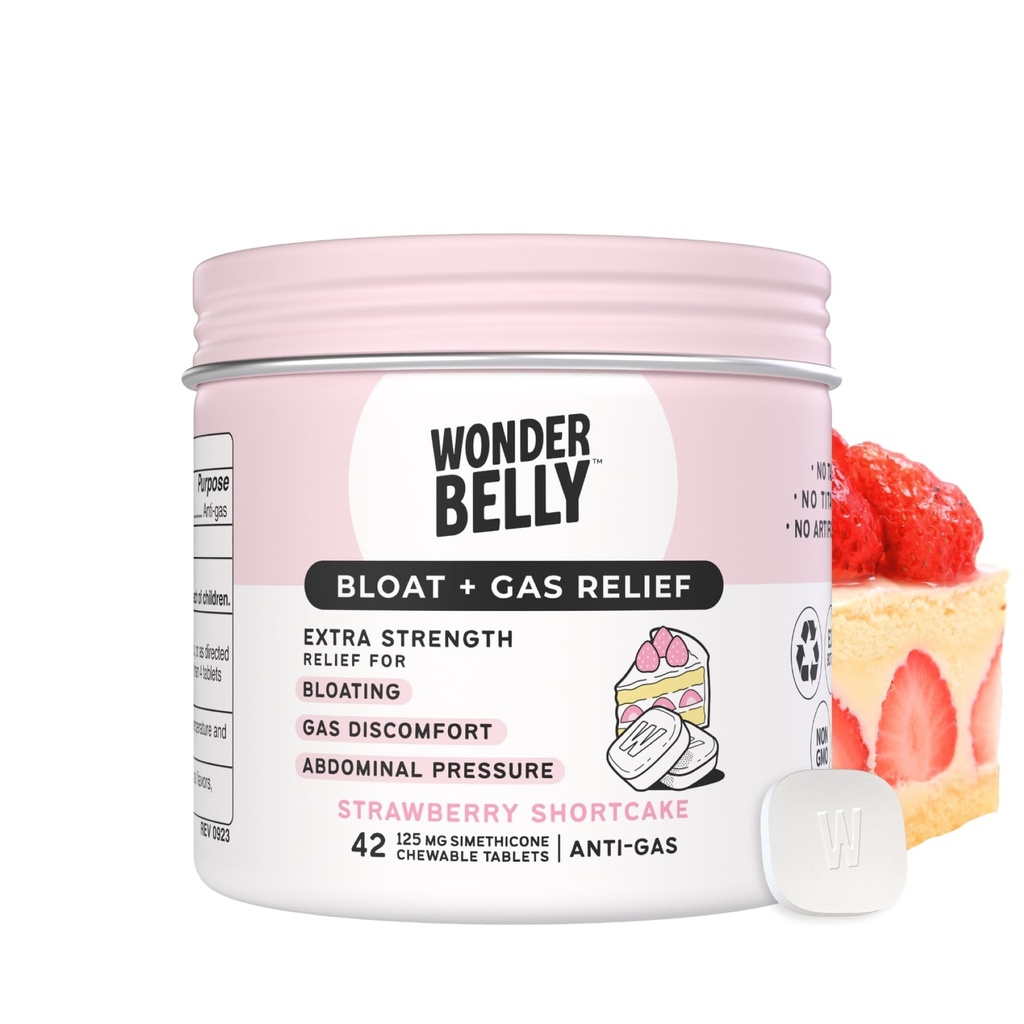 Wonderbellow Bloat + Relief gazowy, Extra Simply Chewable Tablets, z 125 mg Simeticone, No Talc lub Dye, Truskawkowe ciasto, 42 Count