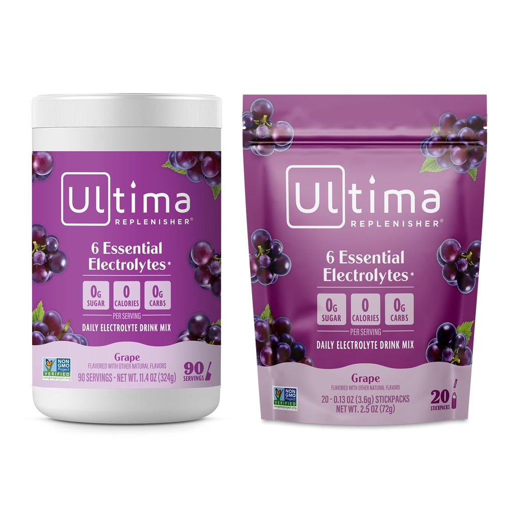 Ultima Replenisher Electrolyte proszek do sporządzania mieszanki napojów - bez cukru - Grape, 90 Puszka do podawania i 20 Opakowania Stickpack - 6 Electrolytes and Minerals - Keto Friendly, Wegan, Non-GMO