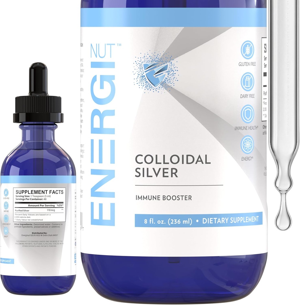 ENERGI Colloidal Silver Liquid, Suplement wsparcia immunologicznego, Suplement systemu odporności dla dorosłych i dzieci, Colloidal Silver Drops lub spray, 8 Butelka Fl Oz