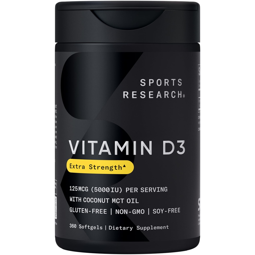 Sport Research ® Witamina D3 w / Olej kokosowy MCT - Wysoka moc Witamina D3 5000iu (125mcg) Suplement do wsparcia immunologicznego i kości - Olej nasienny wolny - Non-GMO - Gluten wolny (360 Płynne Softgels)