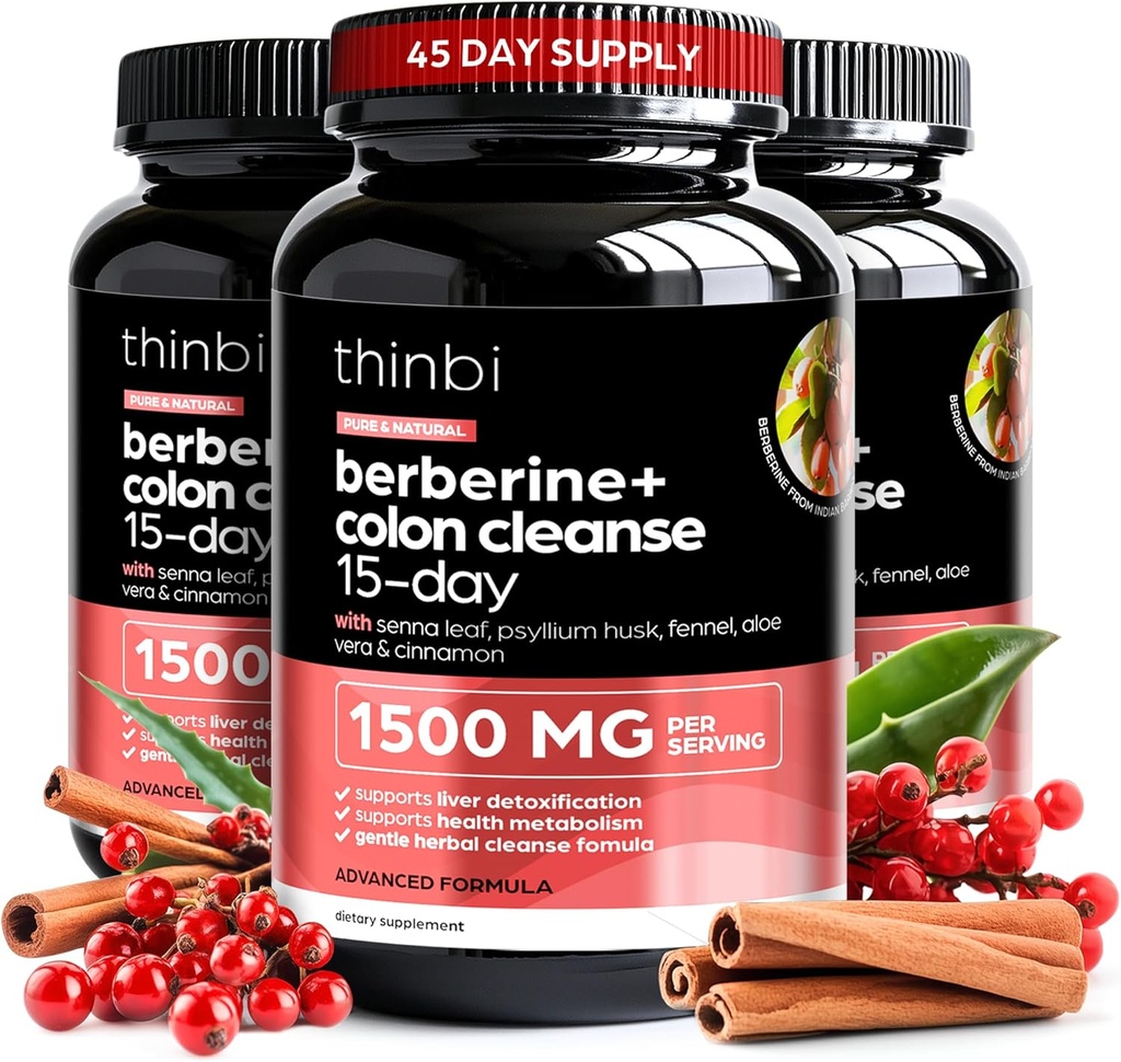 Colon Cleanse Berberine Supplement 1500mg - 3 Pack - 15-Day Extra Strength for Men & Women w/Senna Leaf, Fast-Acting Natural Laxative for Constipation Relief, Gut Health -Made in USA