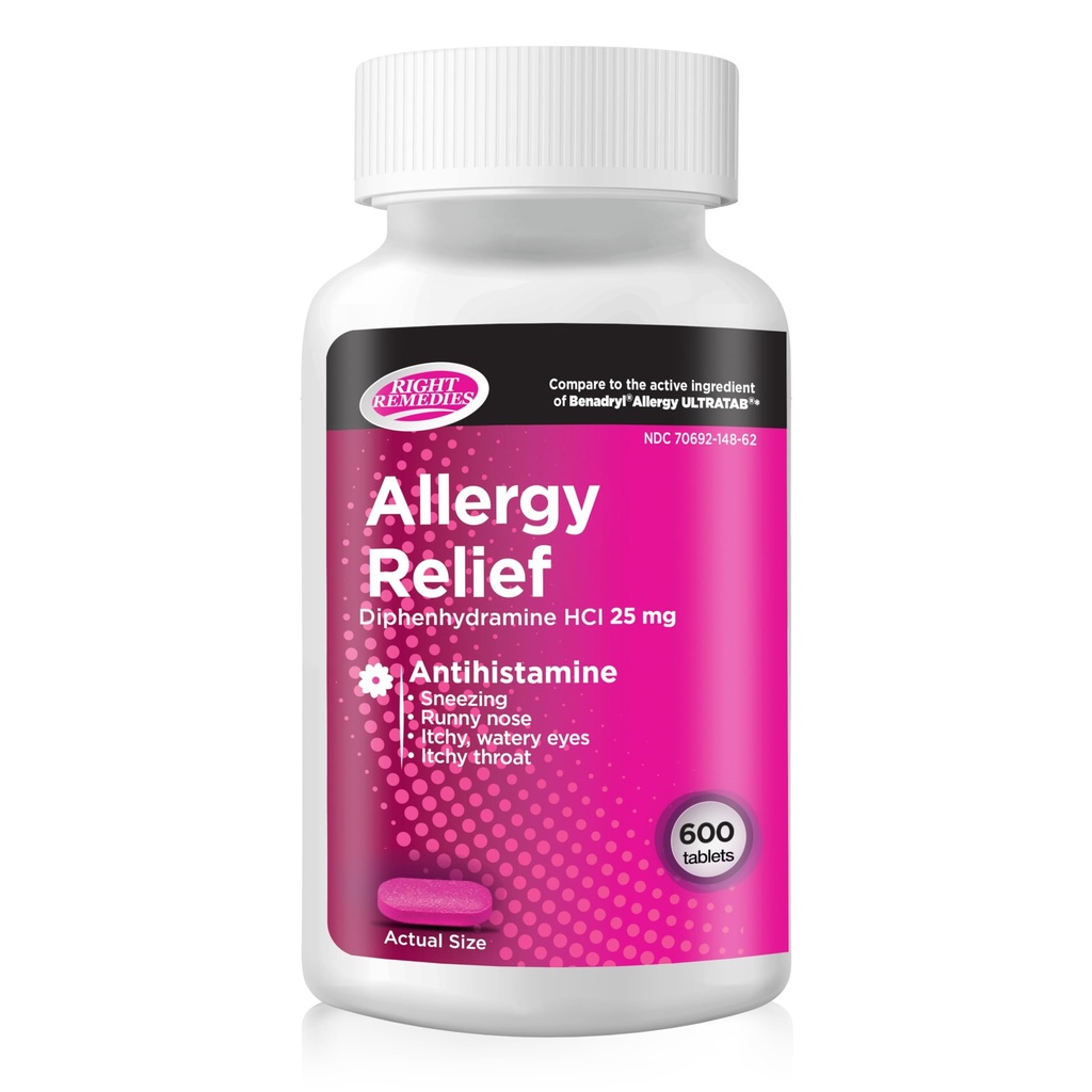 Allergy Relief Antihistamine, Difenhydramine HCl 25mg, (600 Count), W porównaniu do National Brand Allergy Ultratabs, Relieves Sezonowe Wewnętrzne lub zewnętrzne alergie górnych dróg oddechowych