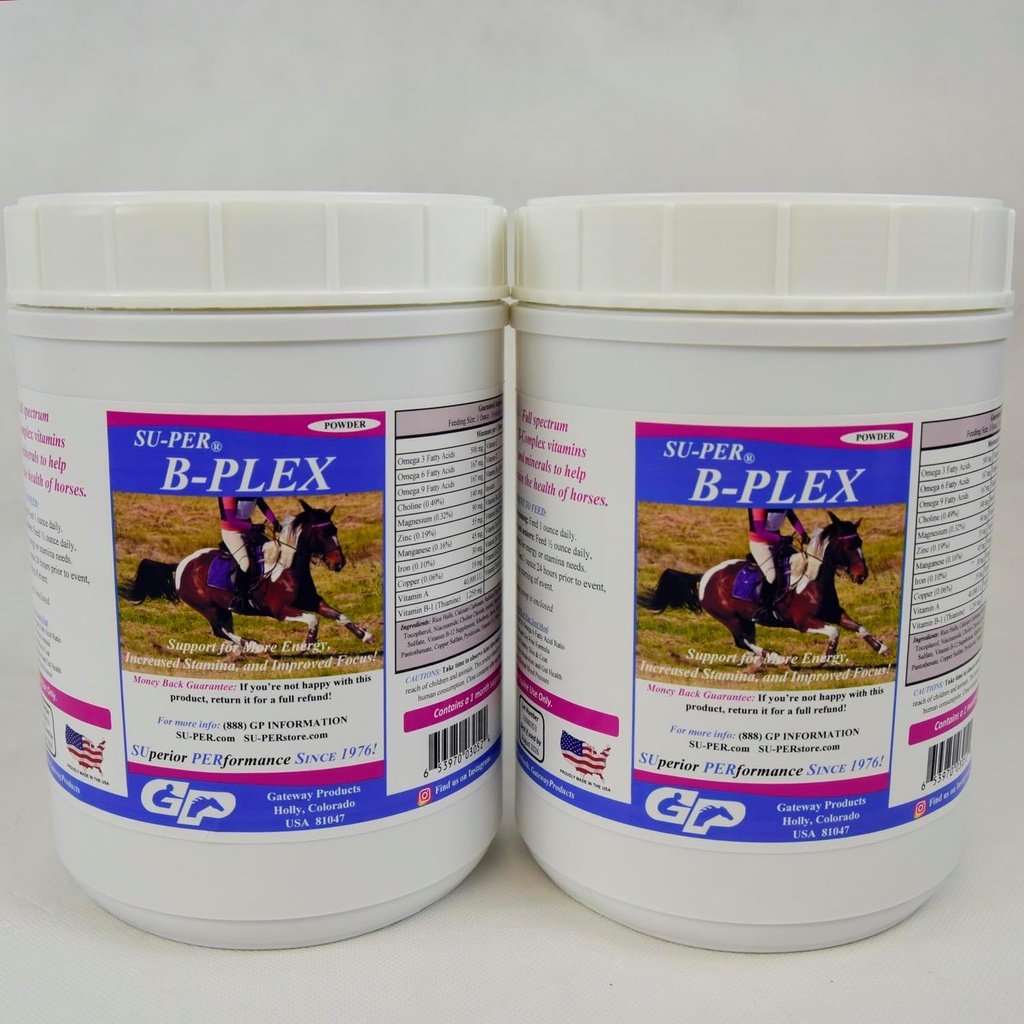 SU- PER B- Plex Powder Equine Vitamin - Kompletny B- Complex Horse Vitamin and Minerals Supplement - Healthy Hooves, Red Blood Cells, Horse Calming Powder - 2.5 Funds, (2 opakowania)