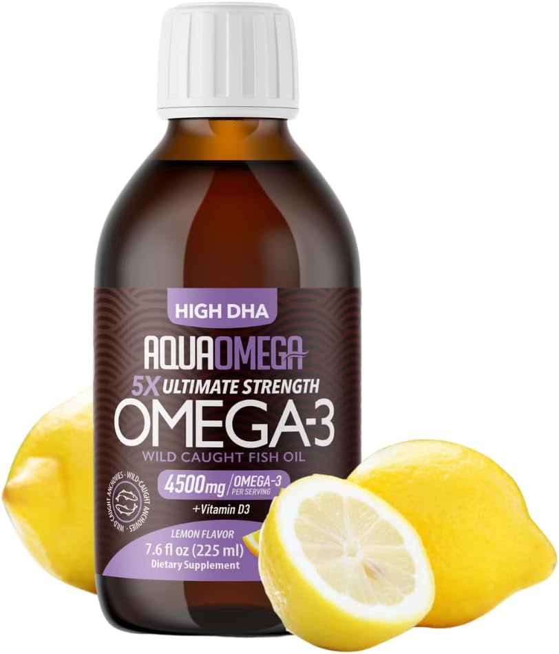 5X Ostateczna siła Omega 3 Olej rybny płynny, Suplementy oleju rybnego z wysokiej DHA i EPA Omega3 Kwasy tłuszczowe, Wysoka moc Omega 3 z witaminą D, 7.60 floz, Lemon Flavor