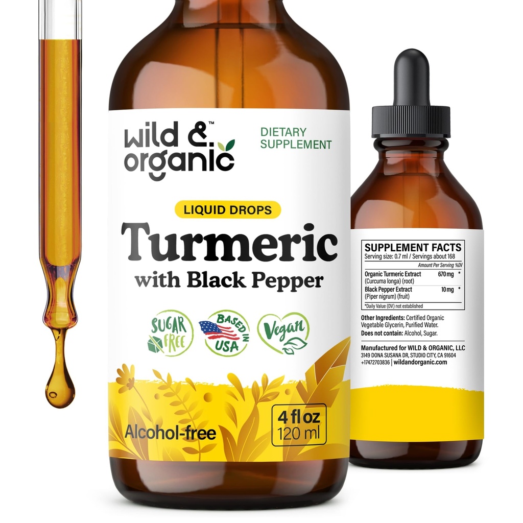 Wild & Organic Turmeric Tincture - Kurkumina kurkumina z ekstraktem Black Pepper - Suplement wsparcia mobilności - Kurkumina Krople korzenne - Wegan, Cukier i Alkohol - 4 fl oz