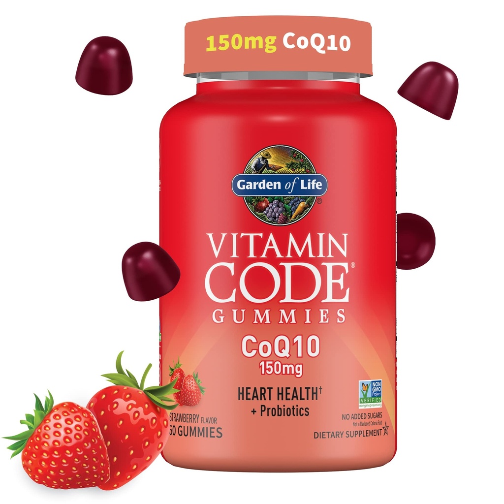 Ogród Życia Kod witaminy CoQ10 Gummies 150 mg, Koenzym Q10 dla zdrowia serca, Produkcja energii & Zdrowe Starzenie + Prebiotyki i Probiotyki dla trawienia, Non-GMO, Gluten- Free, 60 Gummies truskawkowe