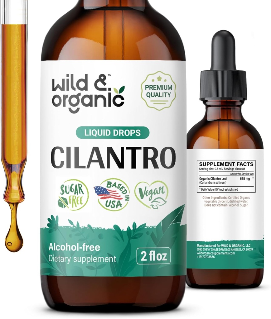 Wild & Organic Cilantro Drops - Detox Cleanse with Liquid Cilantro Supplement - Corander Leaf Extract Tincture - Vegan, Sugar & Alcohol- Free - 2 fl oz