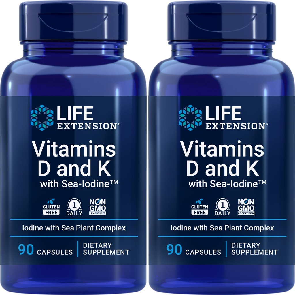 Life Extension Vitamins D and K with Sea-Iodine, 90 Caps (Pack of 2)
