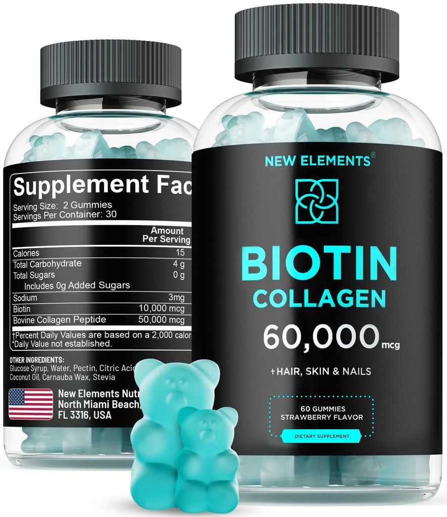 Biotin & Collagen Peptydes Gummies - 50,000mcg Collagen + 10,000mcg Biotin 124; Włosy, skóra i paznokcie Wsparcie dla mężczyzn i kobiet 124; Wzrost włosów, Świecąca skóra i silne paznokcie 124; Non-GMO, Chewable, Greate- Tasting
