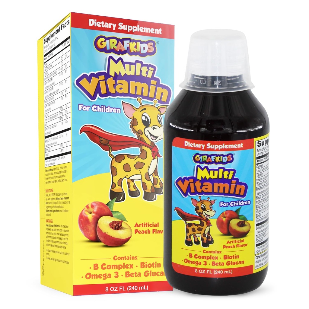 GirafKids Liquid Multivitamin for Kids Ages 4+, 8oz - Daily Child Vitamins with Biotin, Vitamin A, B Complex, Folic Acid, Omega-3 & Beta Glucan - Dietary Supplement for Kids Growth and Energy