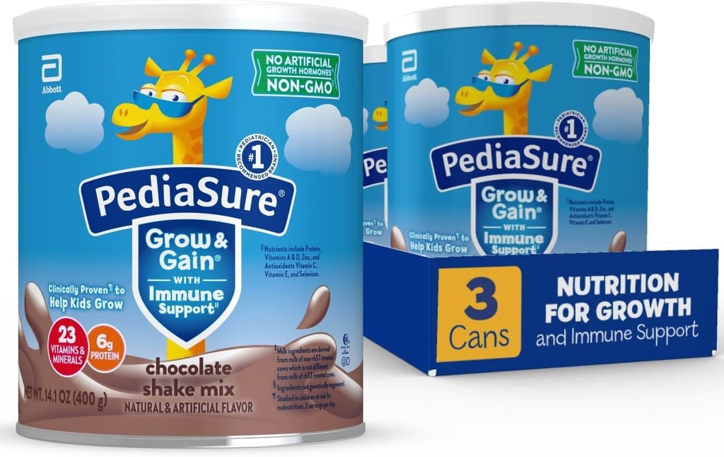 PediaSure Grow & Gain z immunologicznego wsparcia shake mix proszku, 23 witaminy i minerały, 6g białka, nie- GMO, Gluten- Free, Czekolada, 14.1 oz puszka, Opakowanie 3 - 24 porcji