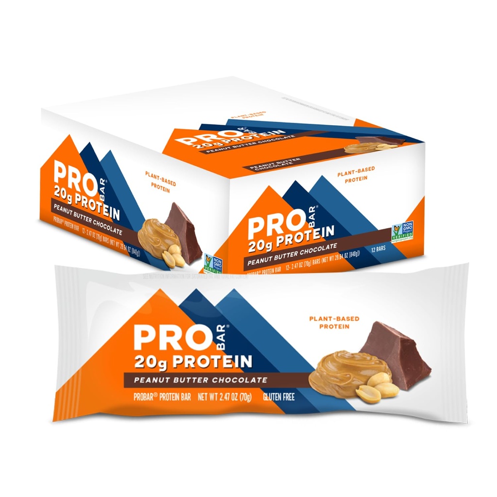 PROBAR - Bar PROTEIN, Masło orzechowe Czekolada, Nie-GMO, Gluten- Free, Zdrowe, Plant- based, Składniki żywności, Natural Energy (12 Count)