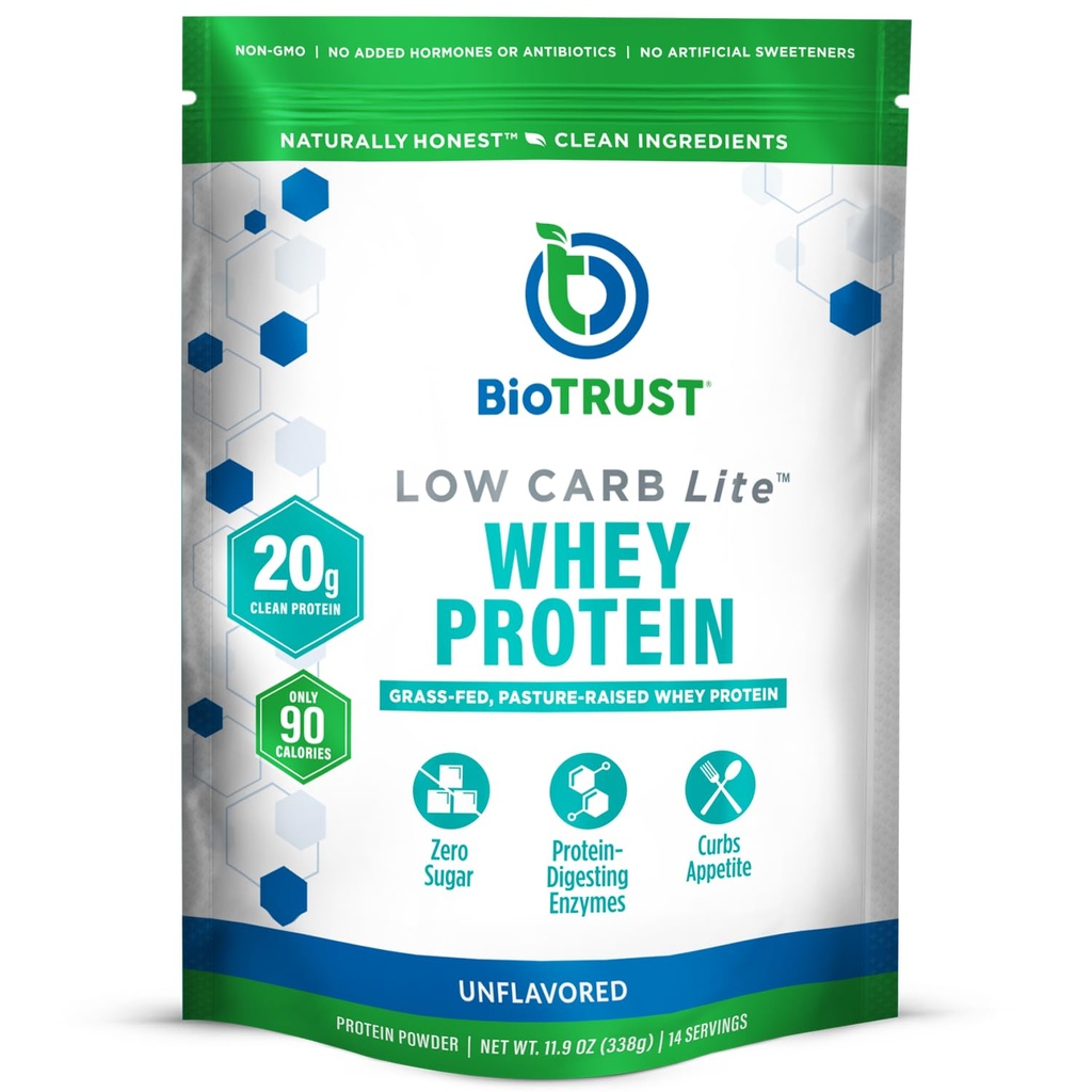 BioTrust Low Carb Lite, Low Calorie Protein Powder - Niskie węglowodany, Cukier wolny, Niski Sód, Keto Protein Powder - 20g Grass- Fed białka serwatki Izolacja z Enzymów Digestive - Unflavored, 14 Służenia