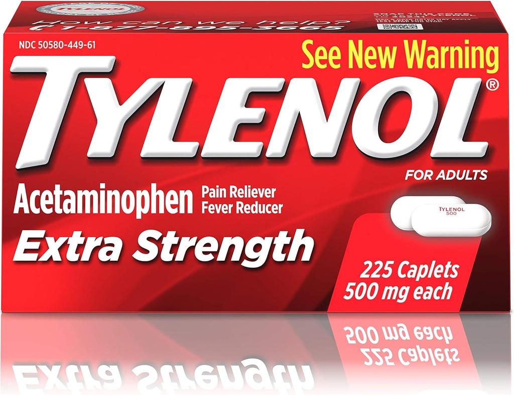 Tylenol Kapsułki z dodatkową siłą 500 mg Acetaminofen, Reliever Pain & Fever Reduktor, Na ból głowy, ból pleców i menstruacyjny ból Relief, 225