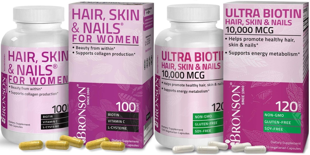 Bronson Włosy, Skóra i paznokcie z Biotin Dodatkowa siła Suplement witaminy dla kobiet + Ultra Biotin 10.000 Mcg
