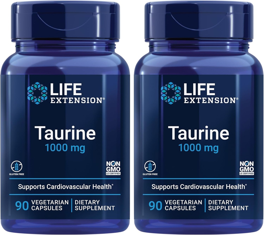Przedłużenie życia Tauryna, Pure Tauryne Acid Supplement, Serce, Wątroba i Zdrowie mózgu, Długotrwałość, Mięśnie i Ćwiczenia, 1000 mg dawka, Nie-GMO, Gluten- Free - Dwa opakowania - 90 Kapsułki wegetariańskie x 2