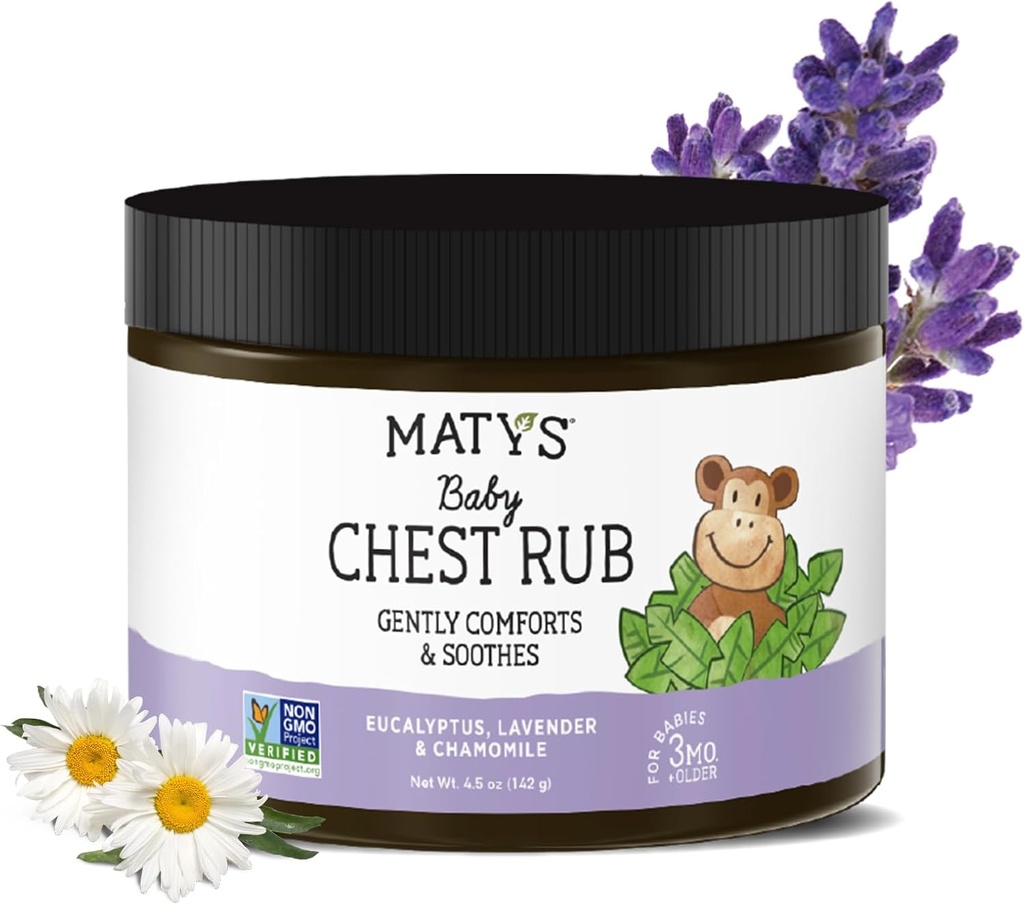 Matys Baby Chest Rub, Soothing Congestion Relief Vapor Rub dla dzieci 3 Miesiące Starego +, Clean & Comforting Eucalyptus, Lavender, & Rumomile for Sleep, Non-GMO, Petroleum Free, Menthol Free, 4.5 oz Tub