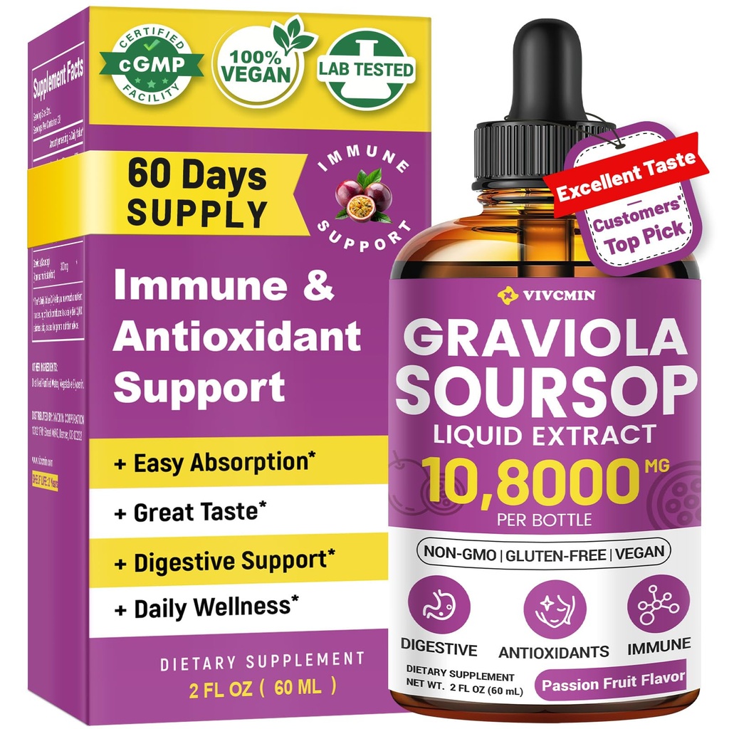 Graviola Soursop Leaf Extract Liquid - Soursop Bitters Liquid, Wsparcie immunologiczne, Relax, Wątroba i sen, Cukier i Alkohol wolny, Wysoko Absorbowalny Formuła, Passion Fruit Flavor, 2 Fl Oz