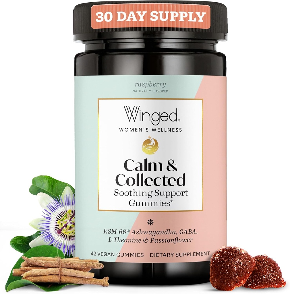 Winded Wellness Calm & Collected, Stress Relief Gummies - Stress Support Supplement z KSM- 66 Ashwagandha, L- Theanine, GABA & Passionflower - Wegan & Gluten- Free Gummy - Malina, 42 Hrabia